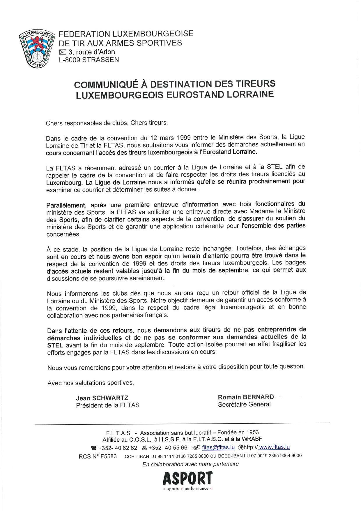 COMMUNIQUE A DESTINATION DES TIREURS LUXEMBOURGEOIS EUROSTAND LORRAINE 1